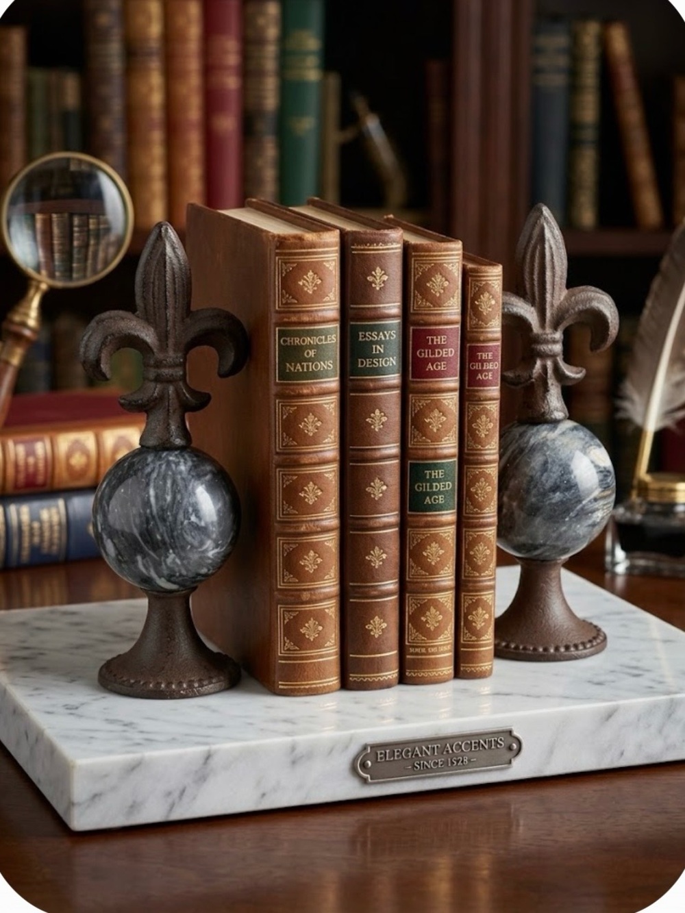 Marble & Fleur-de-Lis Bookends in Black and White